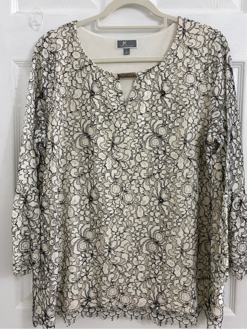 JM Collection Cream Tunic with Black Floral Lace Overlay. Size large $10